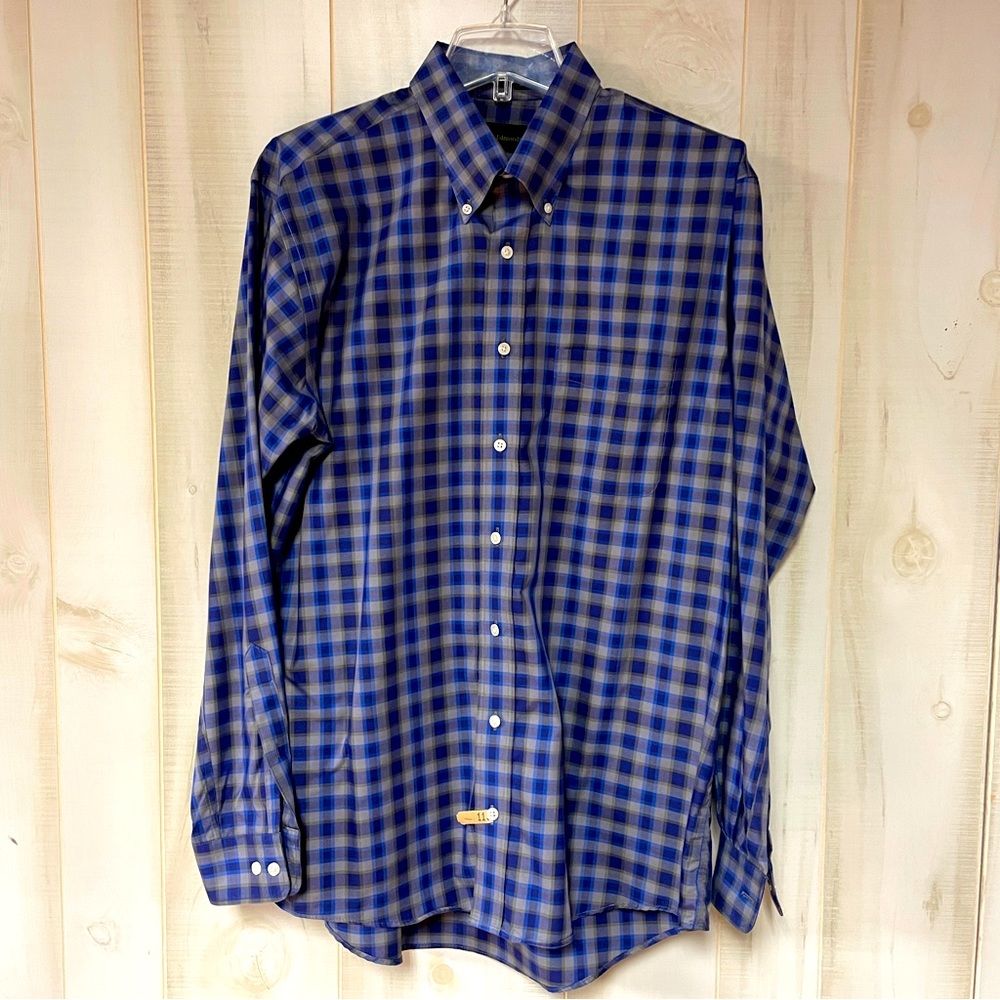 Allen Edmonds Blue Gray Green Plaid Cotton Button Down Shirt Sz L